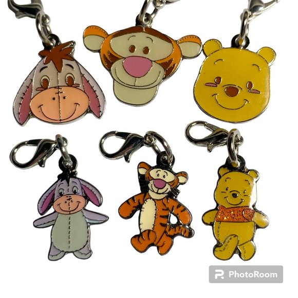 Vintage Disney Winnie The Pooh Tigger Eeyore 6 Charms Purse Zipper Pull Clip On - Picture 1 of 11